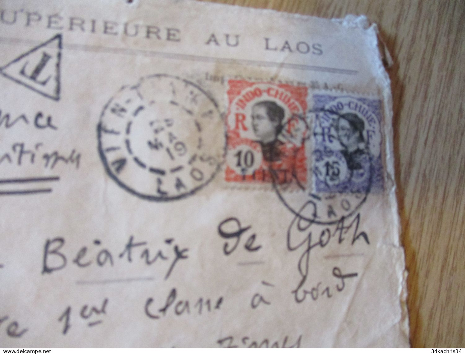Lettre Indochine Laos Vientiane Pour Singapoure Singapore 1919 Taxée 2 TP - Brieven En Documenten