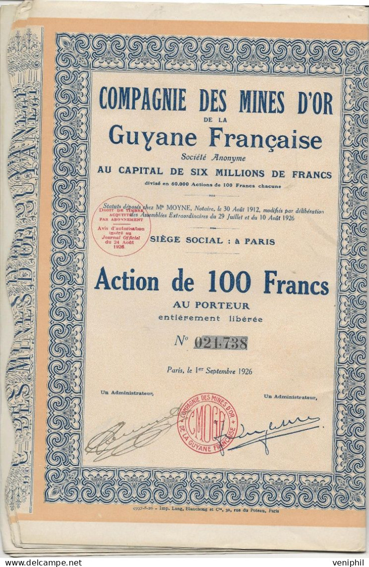 COMPAGNIE DES MINES D'OR DE LA GUYANE FRANCAISE -LOT DE 9 ACTIONS DE 100 FRANCS -ANNEE 1926 - Bergbau