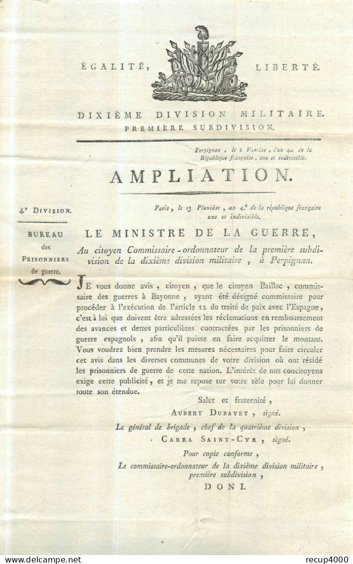 MILITARIA  An IV De La République Perpignan 10ème Division Militaire Remboursement Frais Pour Les Prisonniers Espagnol - Documenti