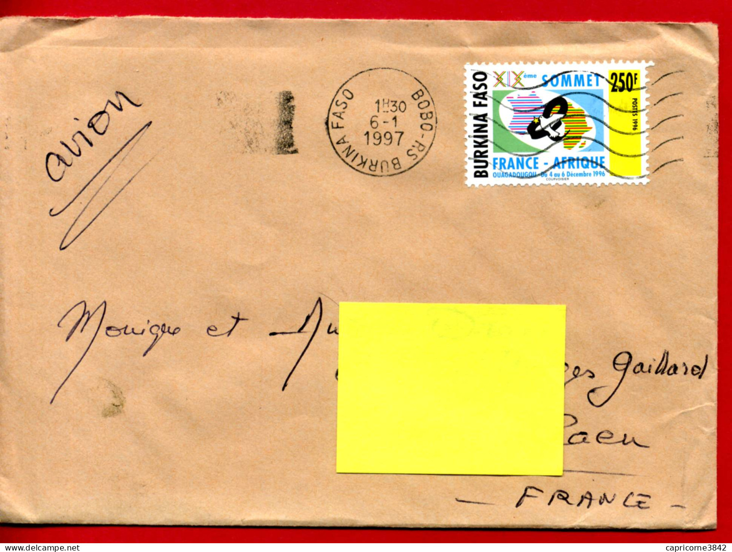 1997 - Lettre Pour La France - XIXe SOMMET FRANCE-AFRIQUE N°1002B - Burkina Faso (1984-...)