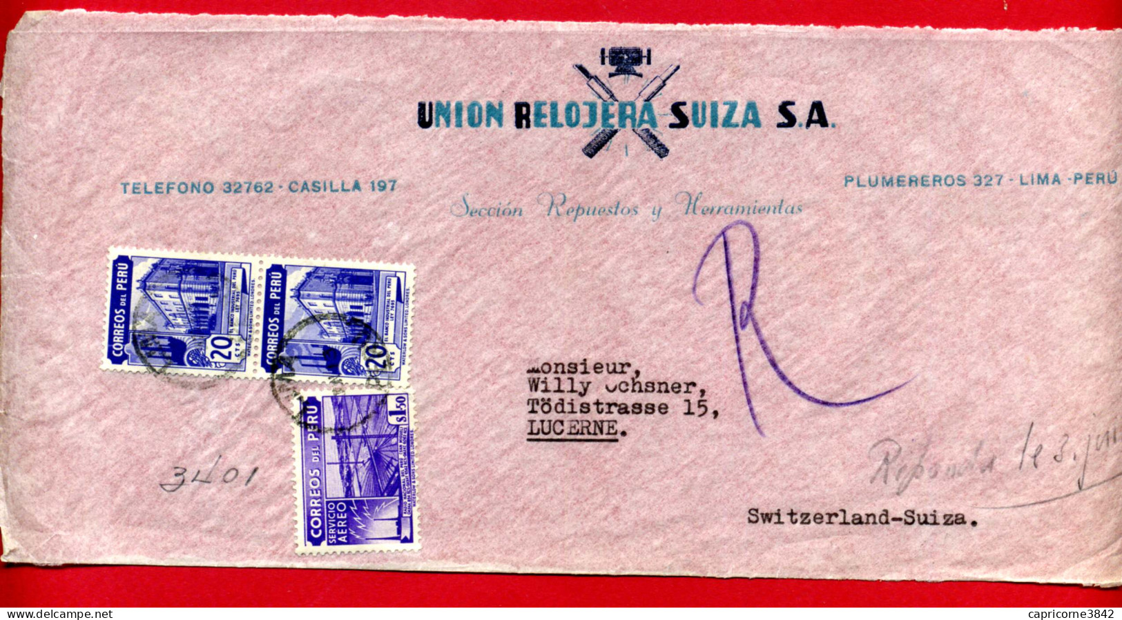 1938 - Lettre Pour La Suisse - BANQUE INDUSTRIELLE N°36 + SERVICE AERIEN N°58 - Devant D'enveloppe - Peru