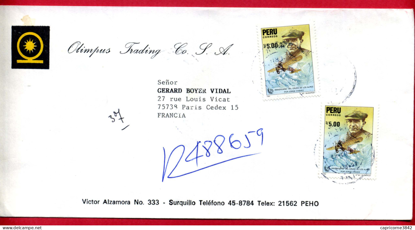 1986 - Lettre Pour La France - 75eme Anniversaire Du Survol Des Alpes Par JORGE CHAVEZ N°840 - Peru