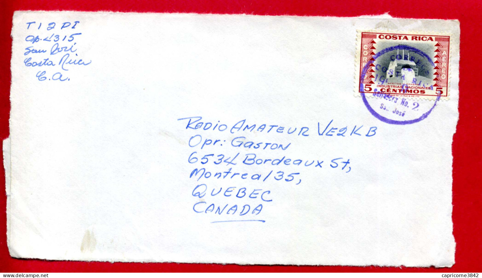 1954 - Lettre Du Costa Rica Pour Le Canada - INDUSTRIES NATIONALES HUILES ET AGRUMES N°225 (devant D'enveloppe) - Costa Rica