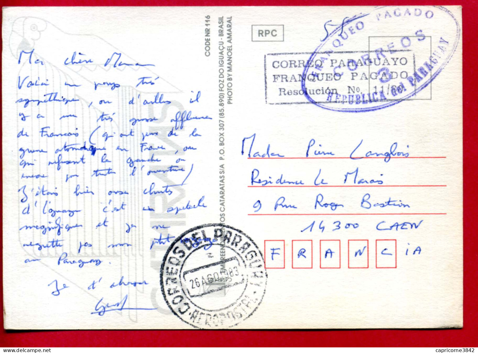 1983 - Carte Postale Pour La France - Cachet AEROPOSTAL Et "FRANQUEO PAGATO CORREOS" - Paraguay