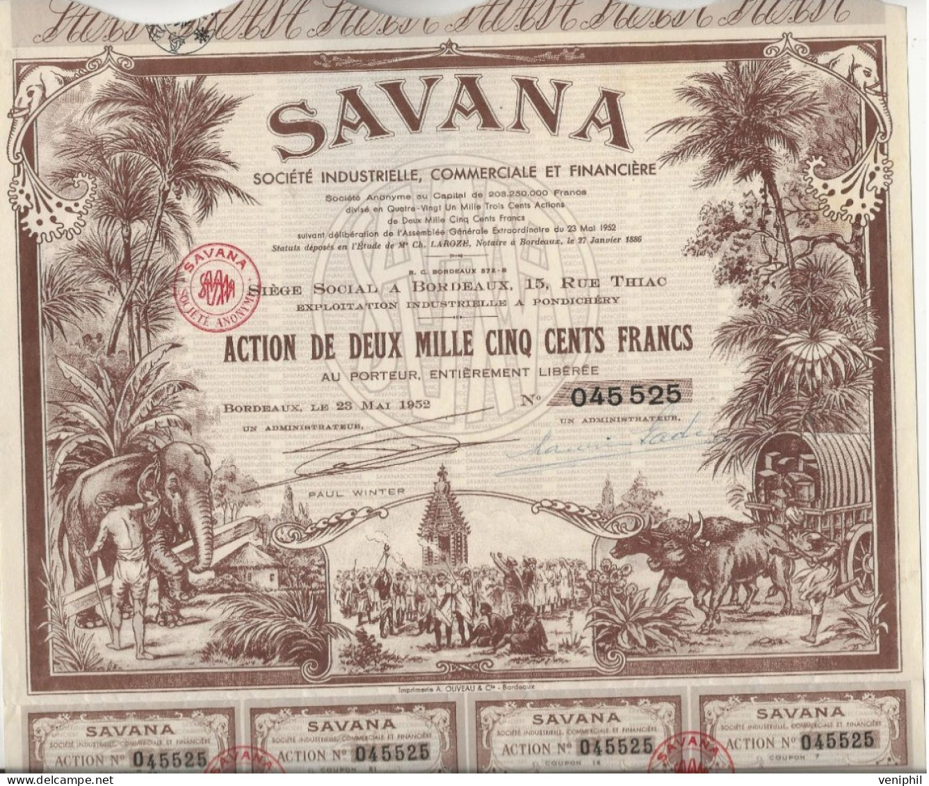 SAVANA  -TB ACTION ILLUSTREE - ACTION DE 2500 FRS  -ANNEE 1952 - Afrika