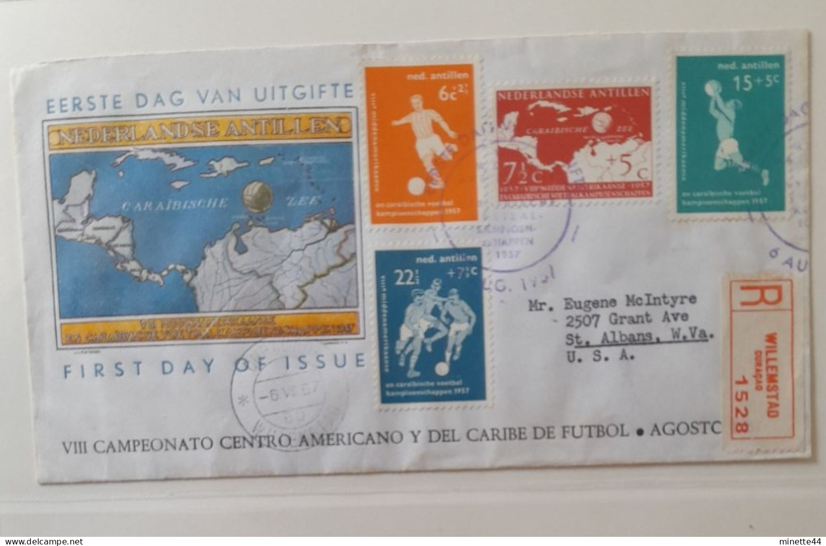 FDC 1957 ANTILLES NEERLANDAISE ANTILLEN   FOOTBALL FUSSBALL SOCCER CALCIO VOETBAL FOOT FUTEBOL FUTBOL GARDIEN - Storia Postale