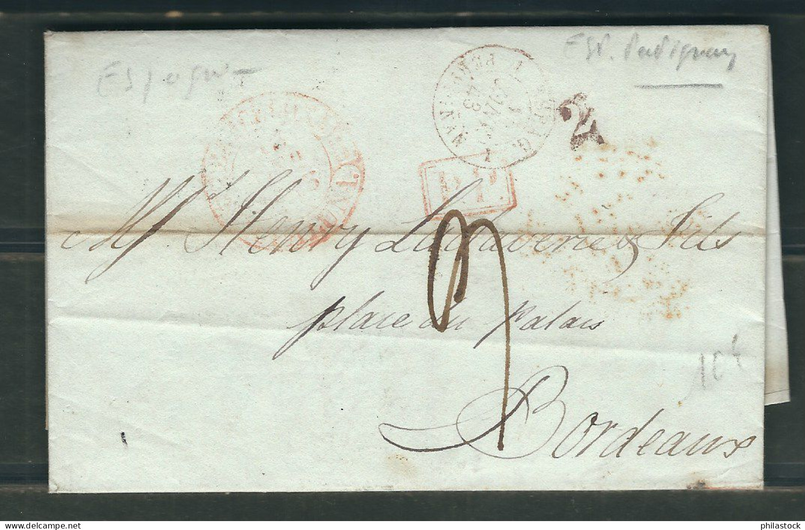ESPAGNE 1843 Marque Postale  Taxée De Barcelone Pour Bordeaux Cachet Frontalier Perpignan - ...-1850 Prefilatelia