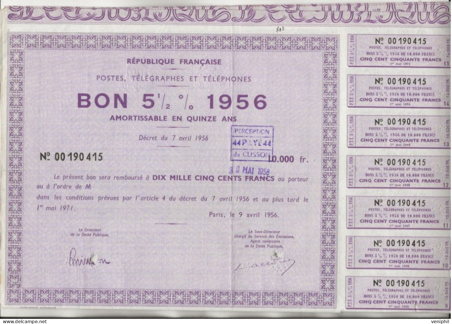 POSTES , TELEGRAPHES ET TELEPHONES , LOT DE 5 BONS 5 % 1956 - TB - Banque & Assurance