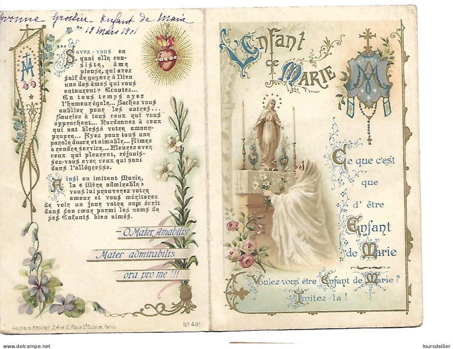 L'enfant De MARIE Carte Dorée Double  YVONNE GROSLIER Enfant De Marie 12 Mars 1901 - Sonstige & Ohne Zuordnung