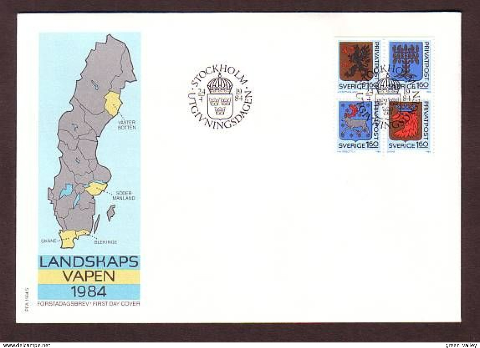 Sweden Landskaps Vapen Stockholm 1983 Vasterbotten Sodermanland Blekinge Skane FDC Cover ( A80 801) - Omslagen