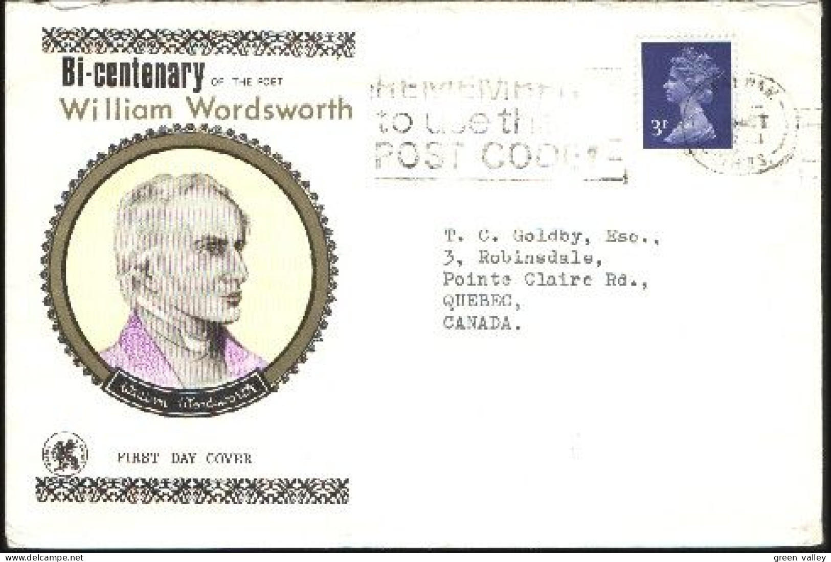 William Wordsworth FDC Cover To Canada ( A80 628) - 1952-1971 Em. Prédécimales