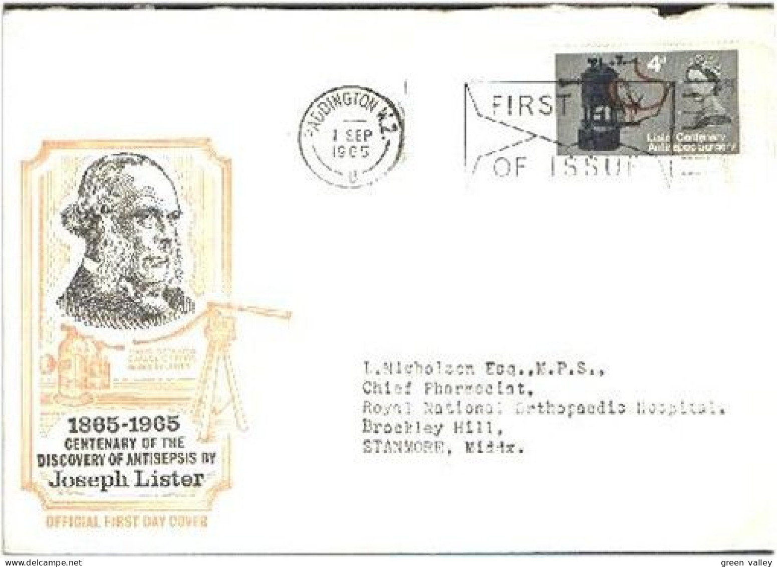 Joseph Lister Antiseptic Surgery FDC Cover Booth #88c Catalog Value 130 GB Pounds ( A80 624) - 1952-1971 Em. Prédécimales
