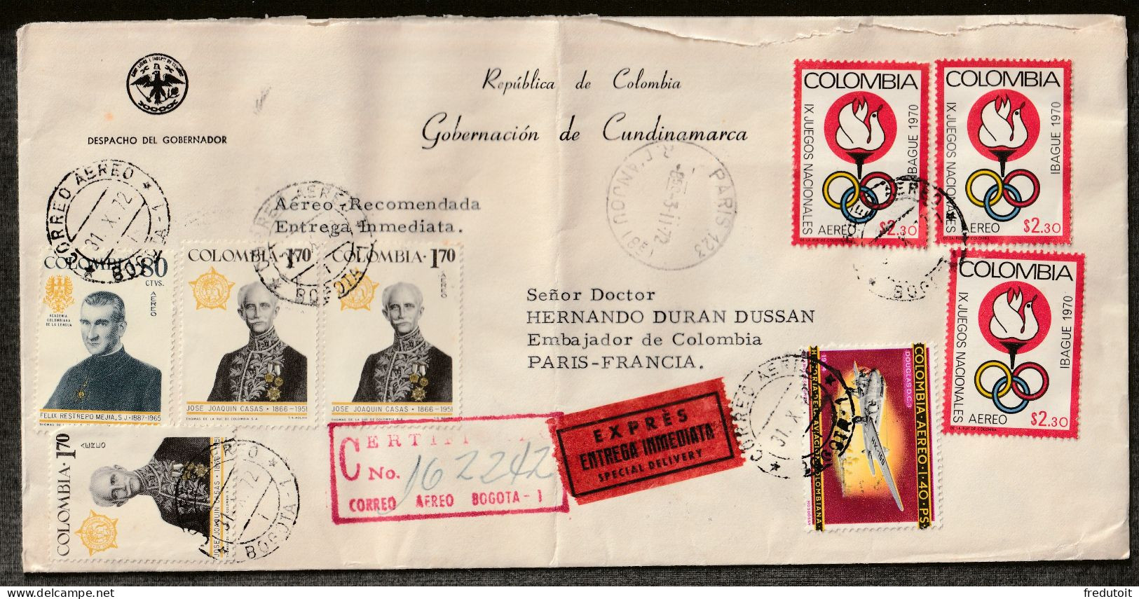 COLOMBIE - LETTRE Recommandée - Bogota Le 31/10/1972 Pour Paris - Colombie