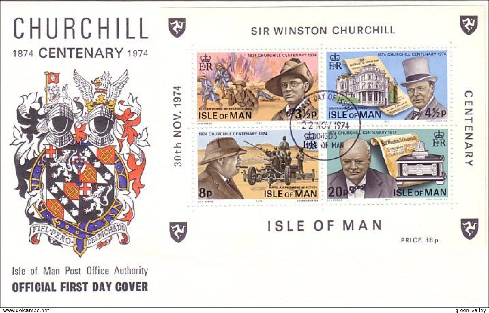 Isle Of Man Feuillet Churchill S/S Armoiries Coat Of Arms FDC ( A81 786b) - Omslagen