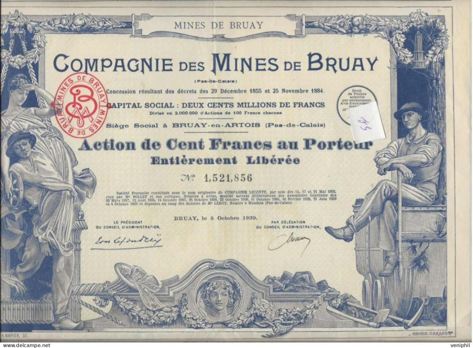 COMPAGNIE DES MINES DE BRUAY - ACTION ILLUSTREE DE 100 FRS  ++  ANNEE 1939 - Mines