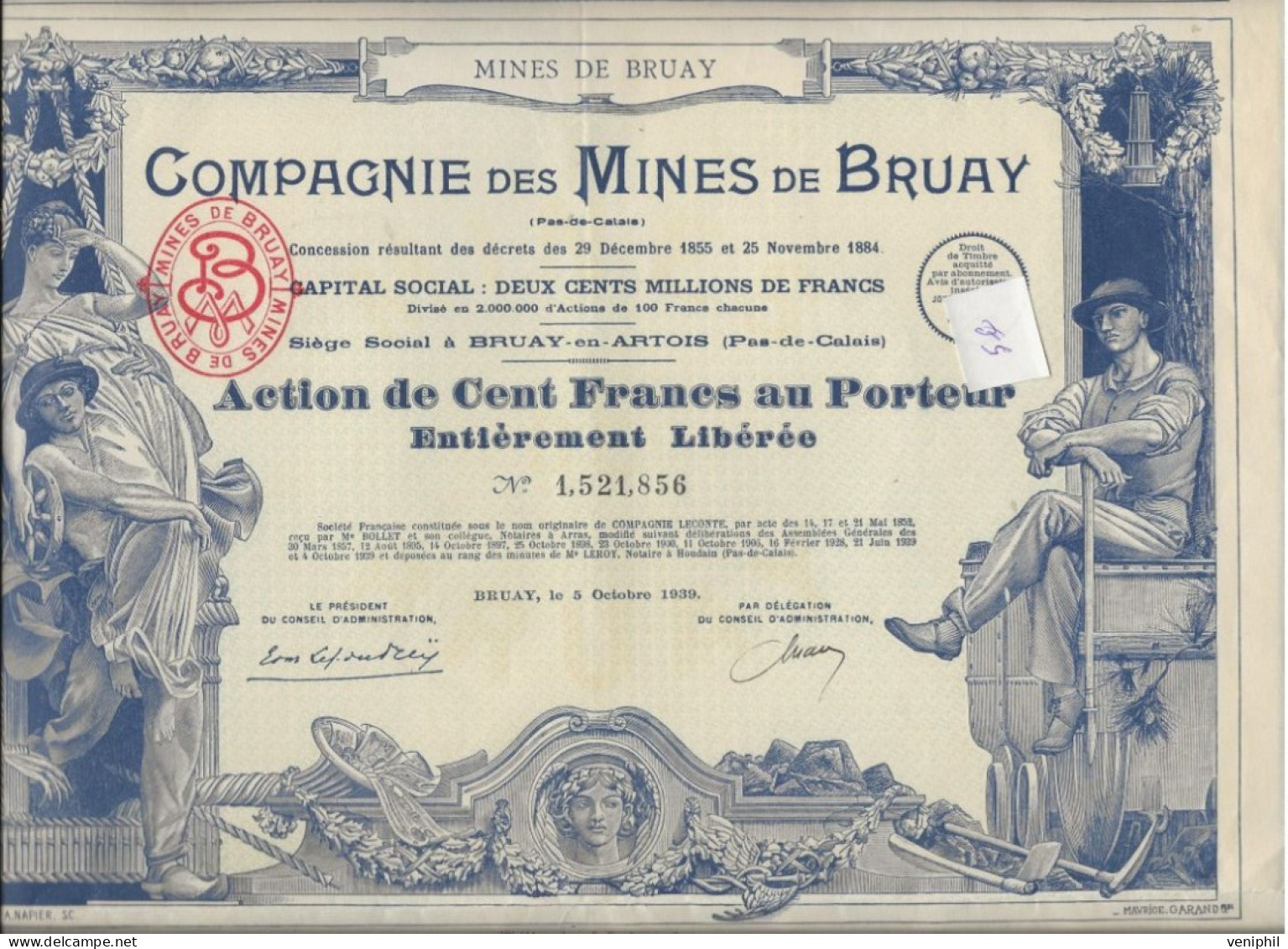 COMPAGNIE DES MINES DE BRUAY - ACTION ILLUSTREE DE 100 FRS  ++  ANNEE 1939 - Miniere