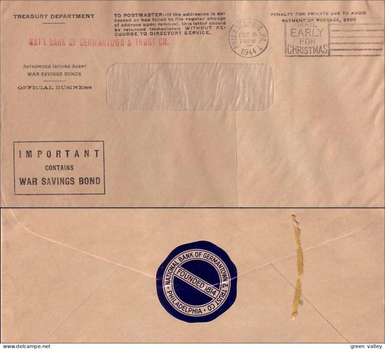 American Envelope Treasury Dept 1944 War Savings Bonds ( A82 108) - Indipendenza Stati Uniti