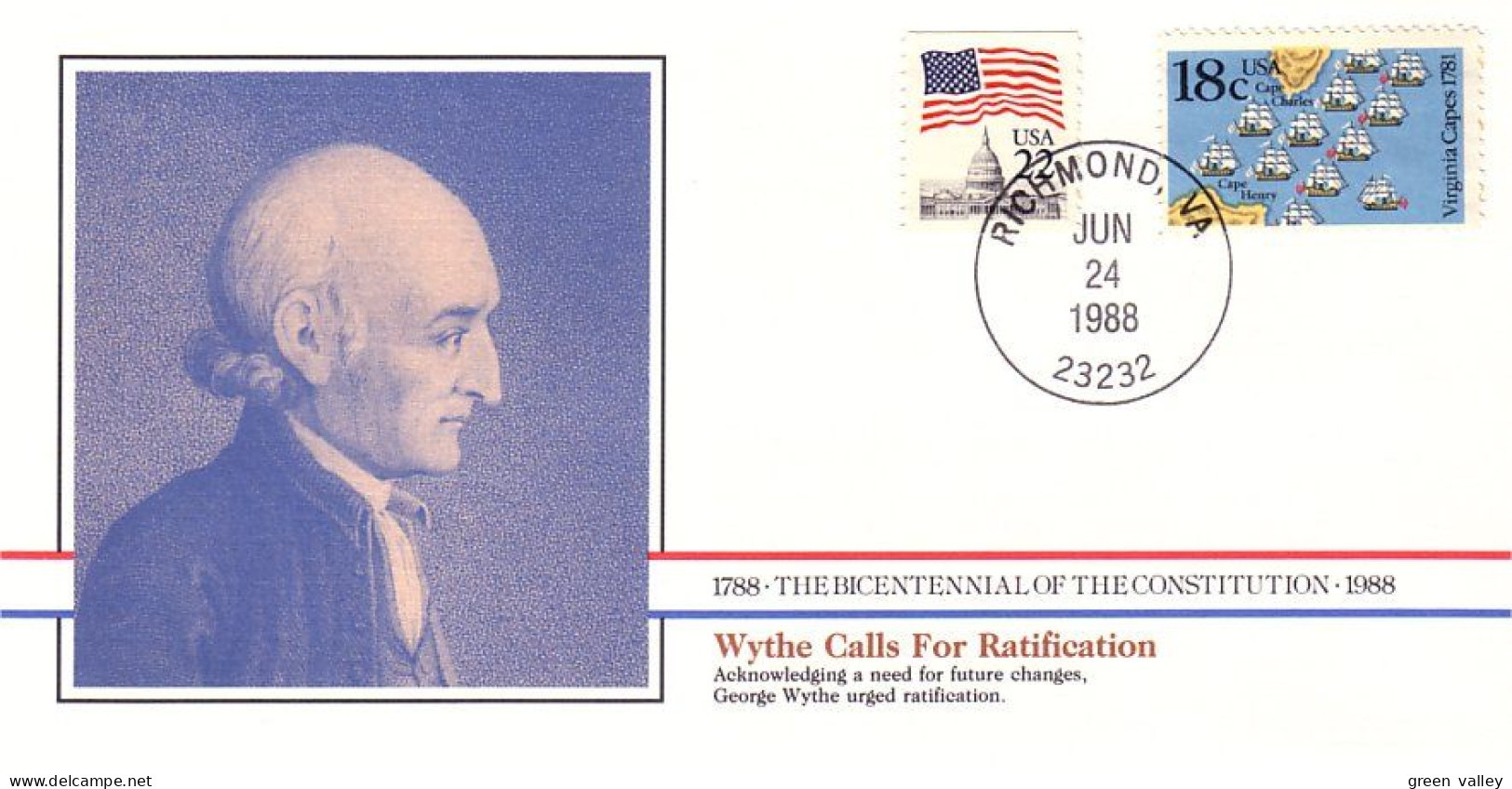 American Constitution Wythe Calls Ratification Jun 24 1788 Cover ( A82 86) - Indépendance USA