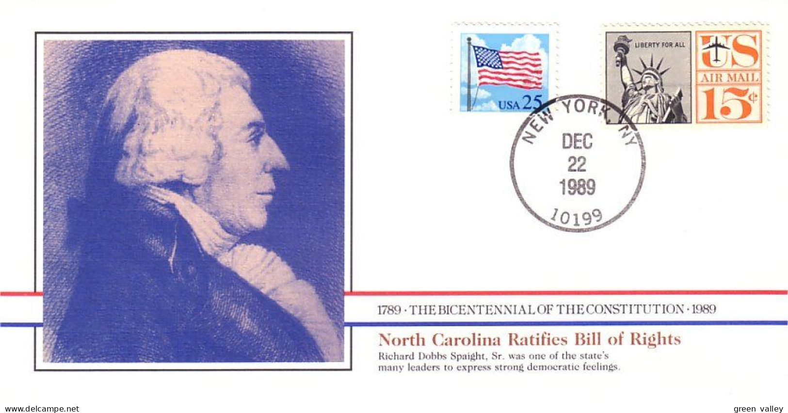 American Constitution North Carolina Ratifies Bill Of Rights Dec 22 1789 Cover ( A82 28) - Unabhängigkeit USA
