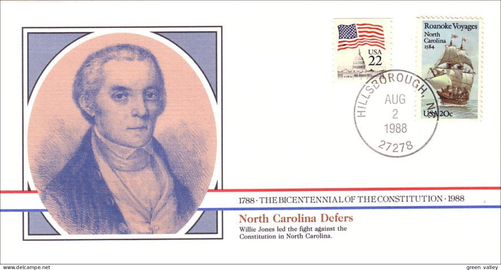 American Constitution North Carolina Defers Aug 2 1788 Cover ( A82 27) - Us Independence