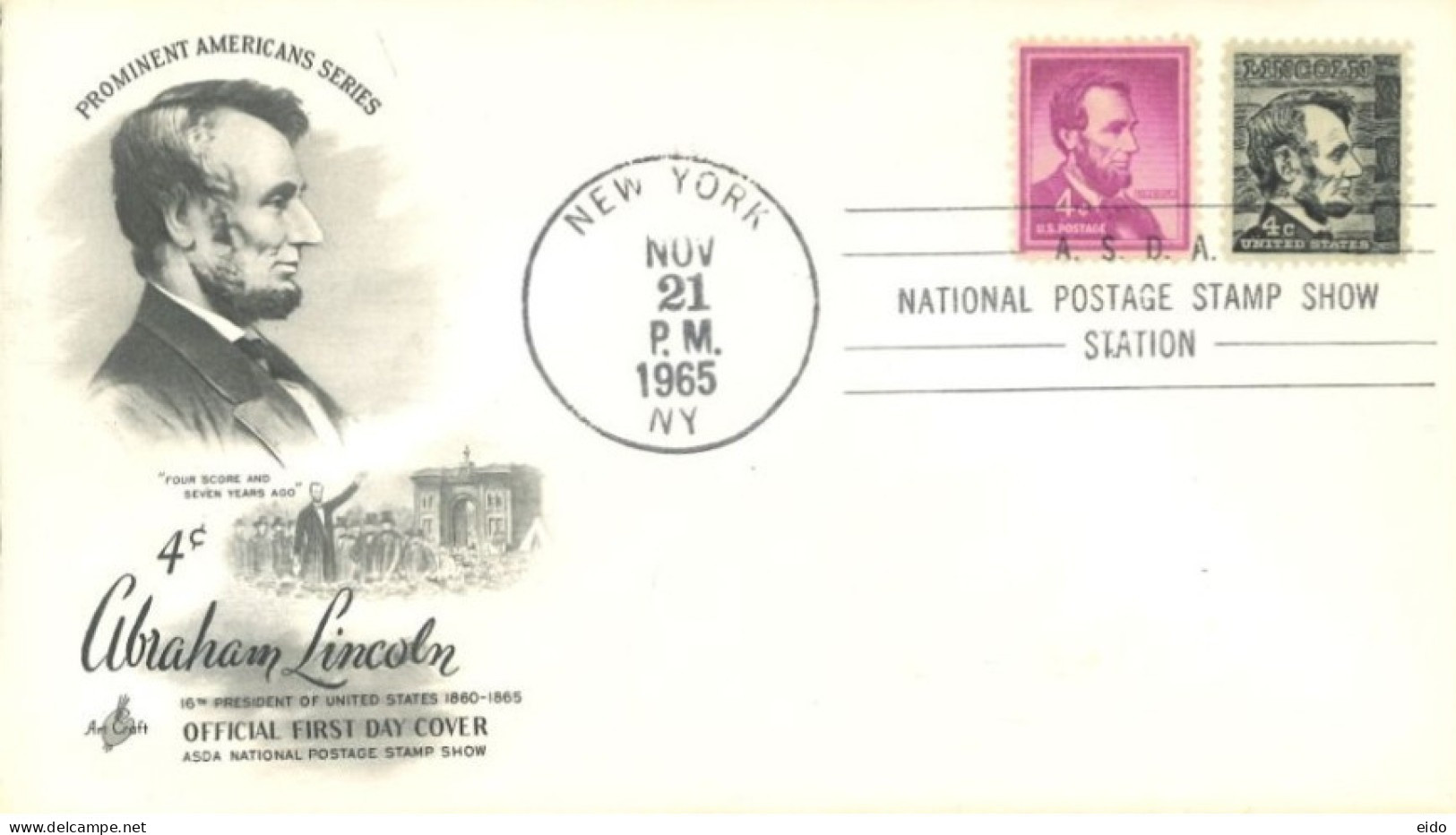 U.S.A.. -1965 -  OFFICIAL FDC STAMPS OF PROMINENT AMERICANS SERIES, ABRAHAM LINCOLN, AT NATIONAL STAMP SHOW STATION . - Covers & Documents