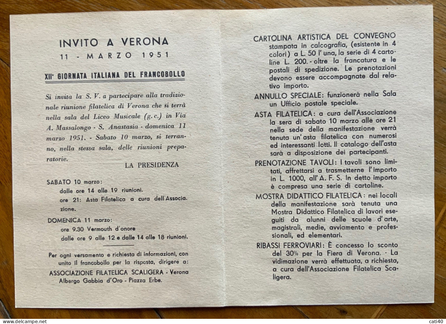 VERONA 1951 - XII GIORNATA ITALIANA DEL FRANCOBOLLO - CARTOLINA PROGRAMMA - Manifestations
