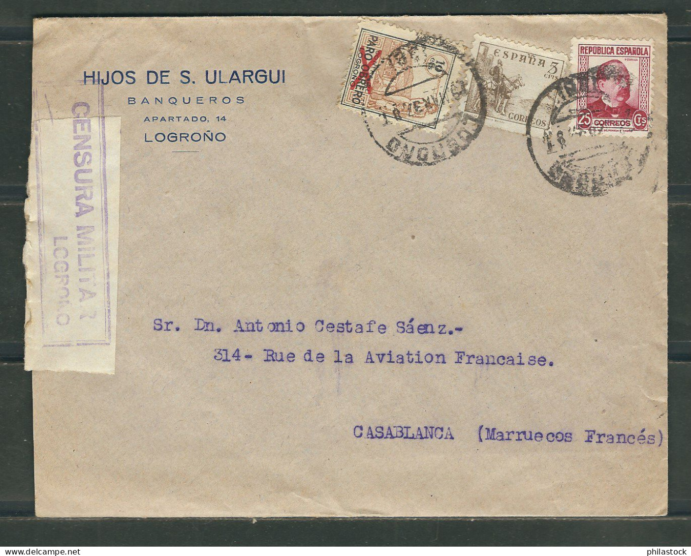 ESPAGNE 1937 Lettre Censurée De Logrono Pour Casablanca Maroc - Nationalistische Censuur