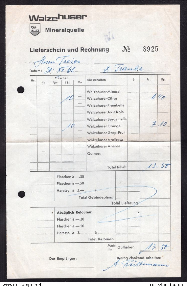 SWITZERLAND - WALZEHUSER MINERALQUELLE - LIEFERSCHEIN UND RECHNUNG N° 8925 DATUM 30.12.1966 - Zwitserland