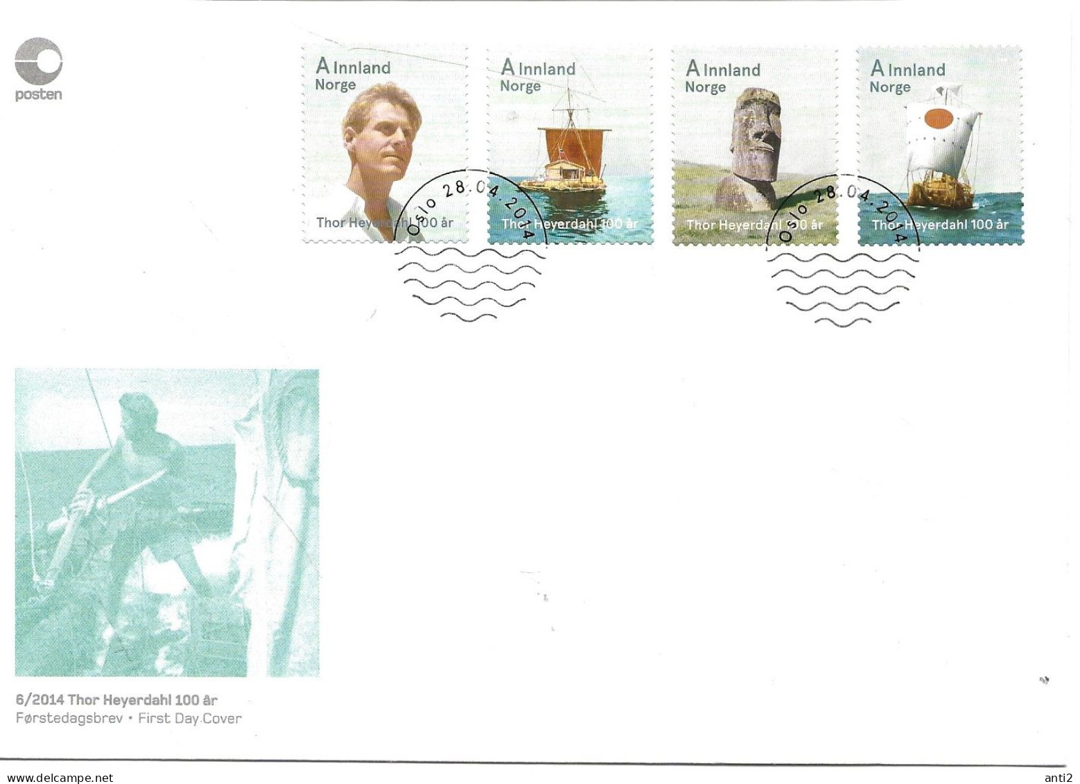 Norway 2014  100th Birth Anniversary Of Thor Heyerdahl (I), Norwegian Explorer, Zoologist, Ethnollog  Mi 1847 - 1850 FDC - Lettres & Documents