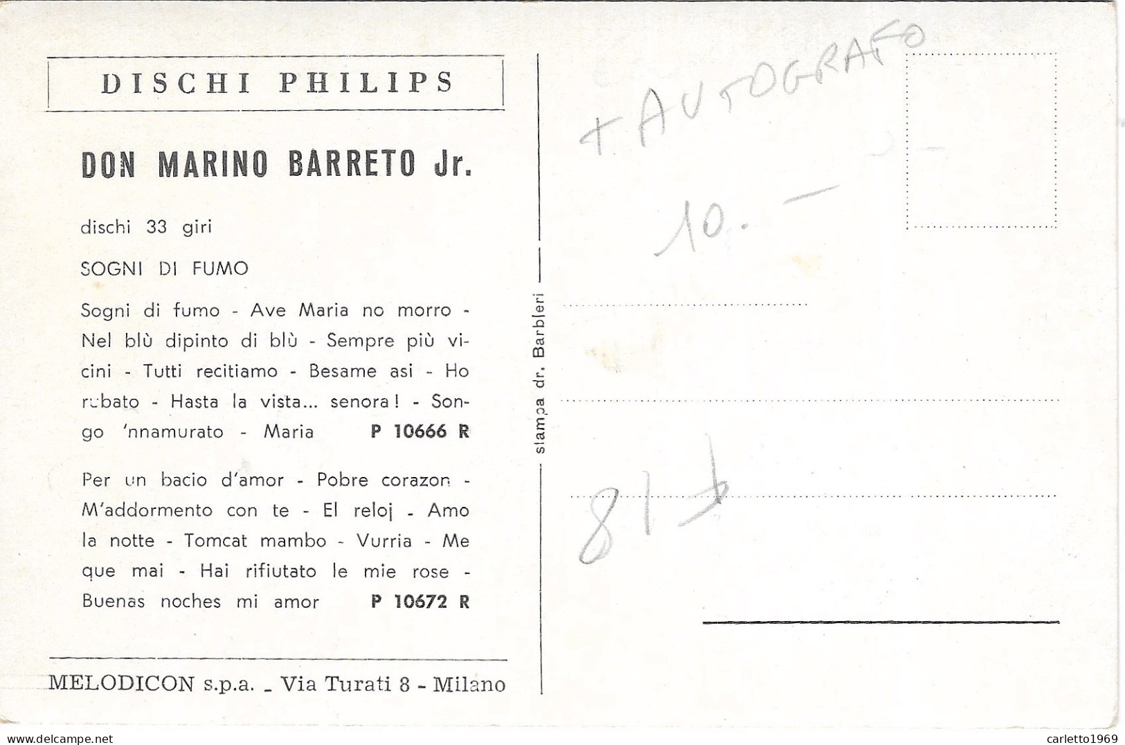 CANTANTE  DON MARINO BARRETO JR AUTOGRAFO NV FG DISCHI PHILIPS- - Chanteurs & Musiciens
