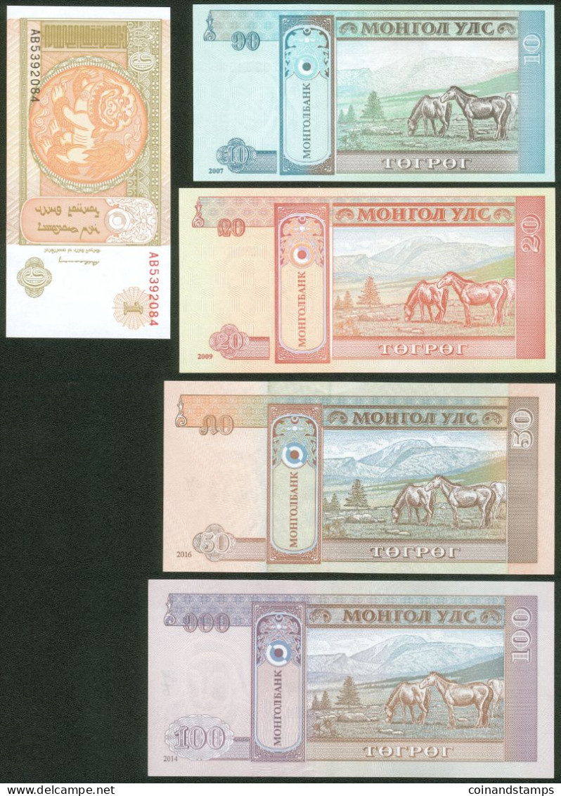 Mongolei Lot Mit 5 Banknoten, Alle Bankfrisch - Mongolië