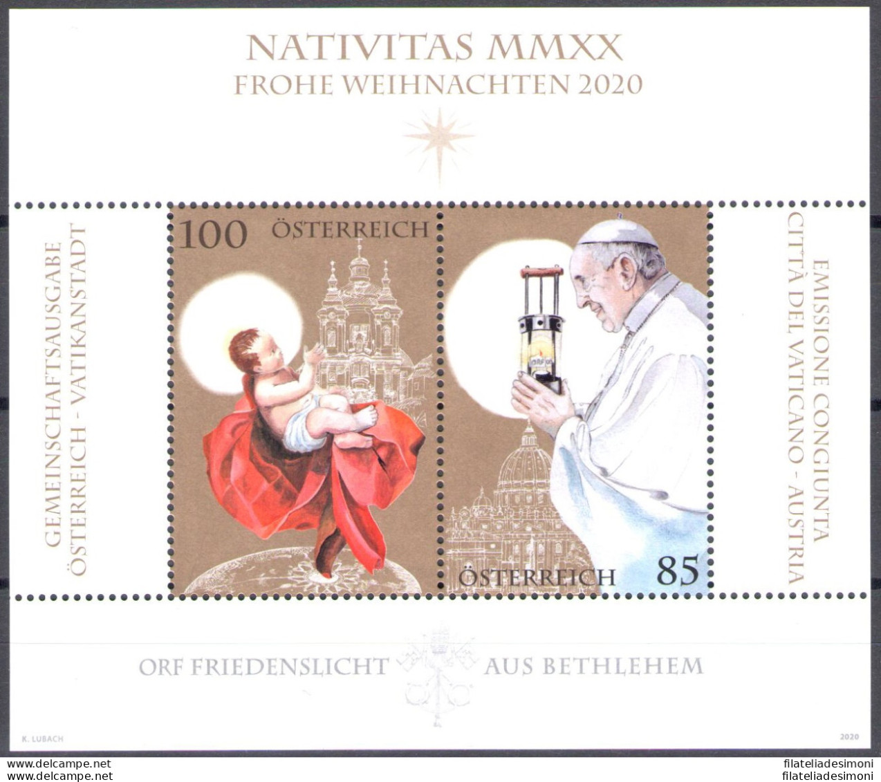 2020 Austria - Natale - Emissione Congiunta Con Vaticano - Foglietto - MNH** - Emissions Communes