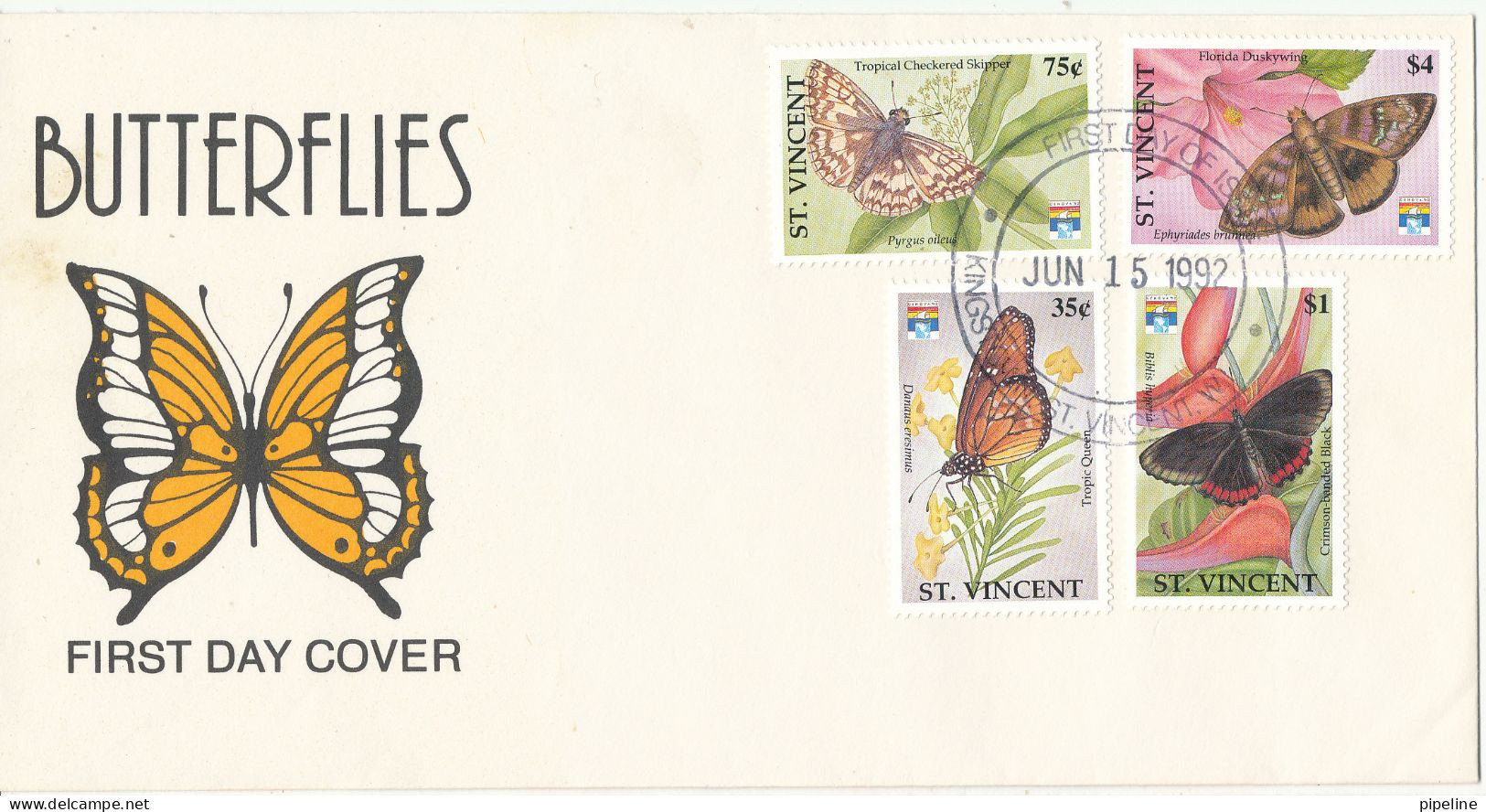 St. Vincent FDC 15-6-1992 Butterflies Complete Set Of 4 With Cachet - St.Vincent (1979-...)