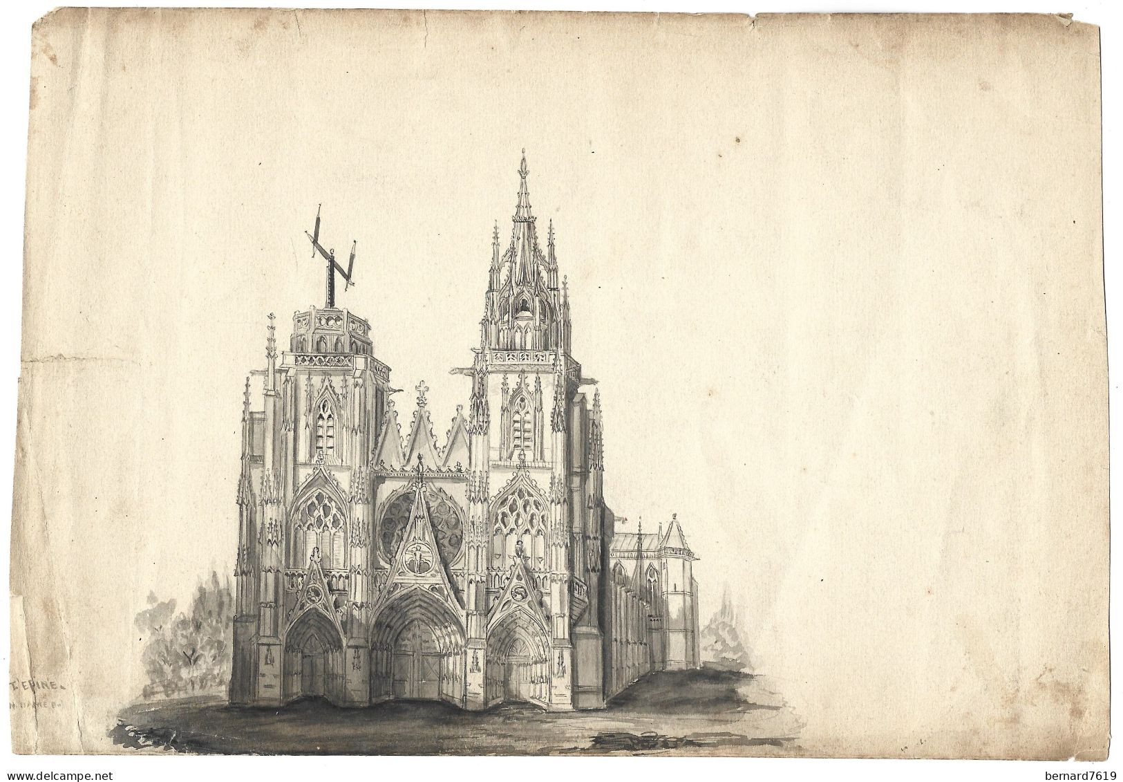 Dessin Origilnal L'epine La Cahedrale  - 51 - Par Alfred Lambert De Chalons Sur Marne Vers 1895 - Dessins