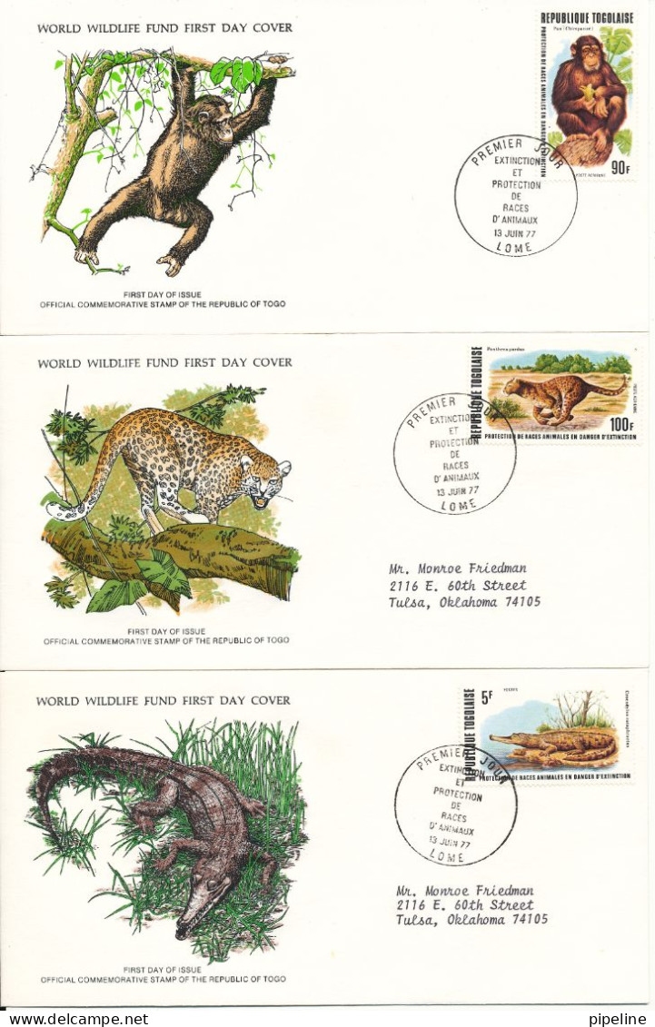 Togolaise FDC 13-6-1977 Set Of 3 Wild Animals On 3 WWF Covers With Cachet - FDC