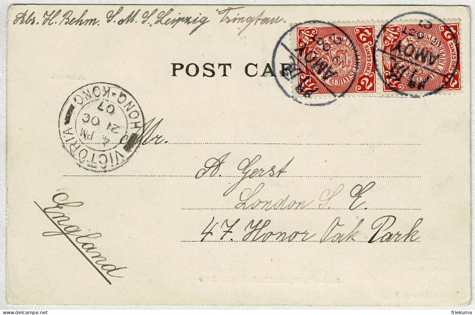 China 1907, Post Card Victoria Hong-Kong - London (England) - Briefe U. Dokumente