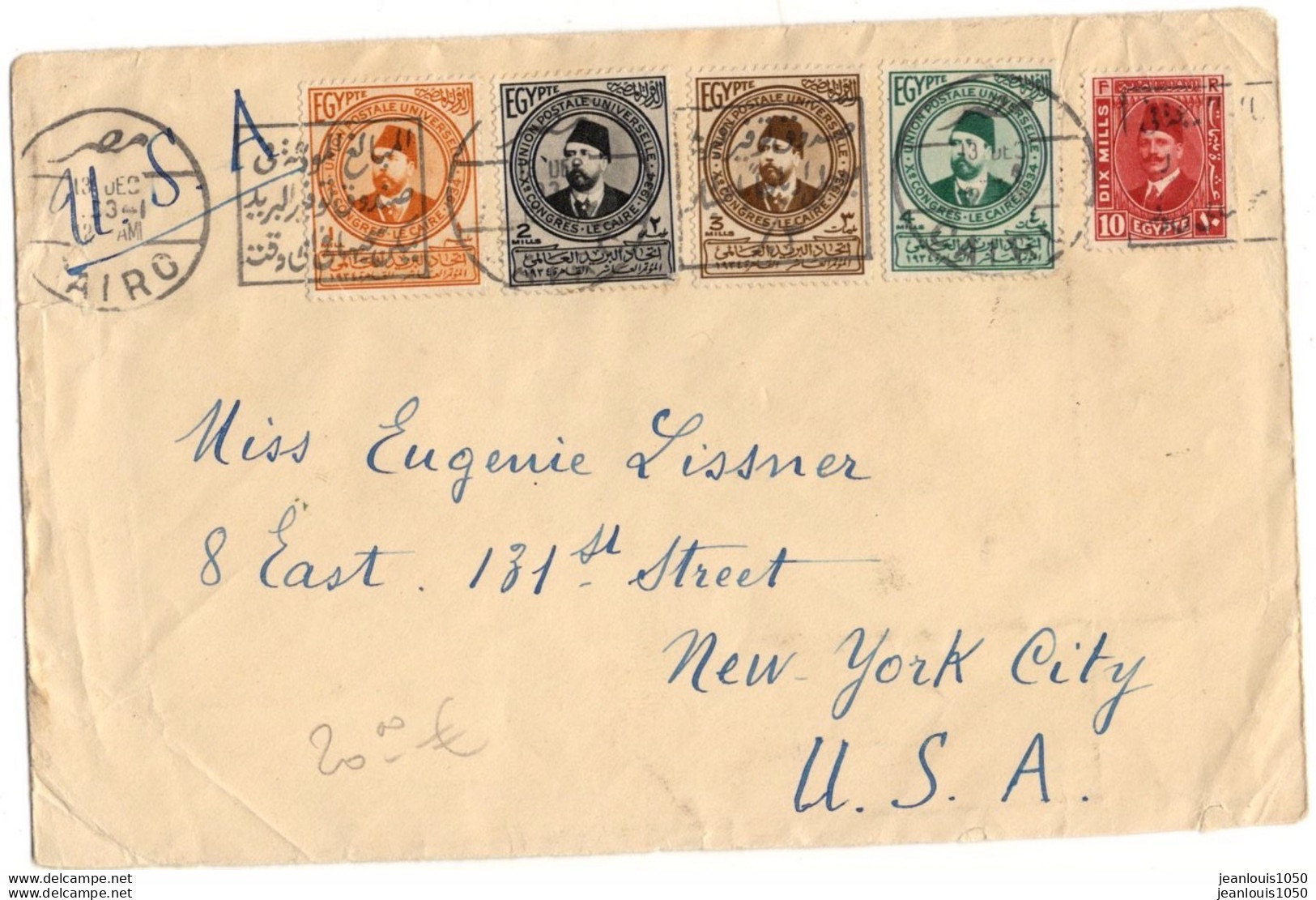 EGYPTE AFFRANCHISSEMENT COMBINE SUR LETTRE OBLITERE LE CAIRE 1933 POUR LES USA UPU - Storia Postale