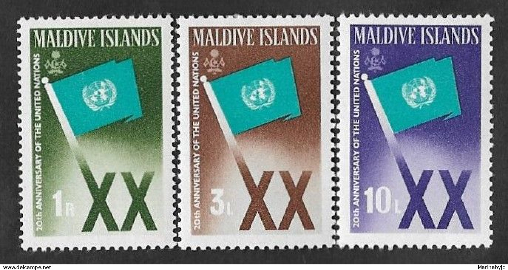 SD)MALDIVES  20TH ANNIVERSARY OF THE UNITED NATIONS, 3 MINT STAMPS - Maldivas (1965-...)