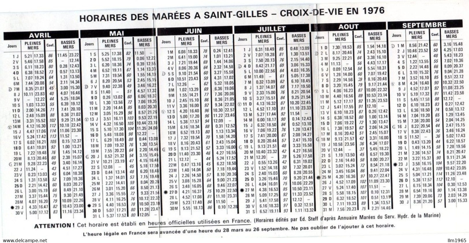 Petit Calendrier Des Horaires Des Marées à Saint-Gilles - Croix-de-vie (Vendée 85) En 1976 - Petit Format : 1971-80