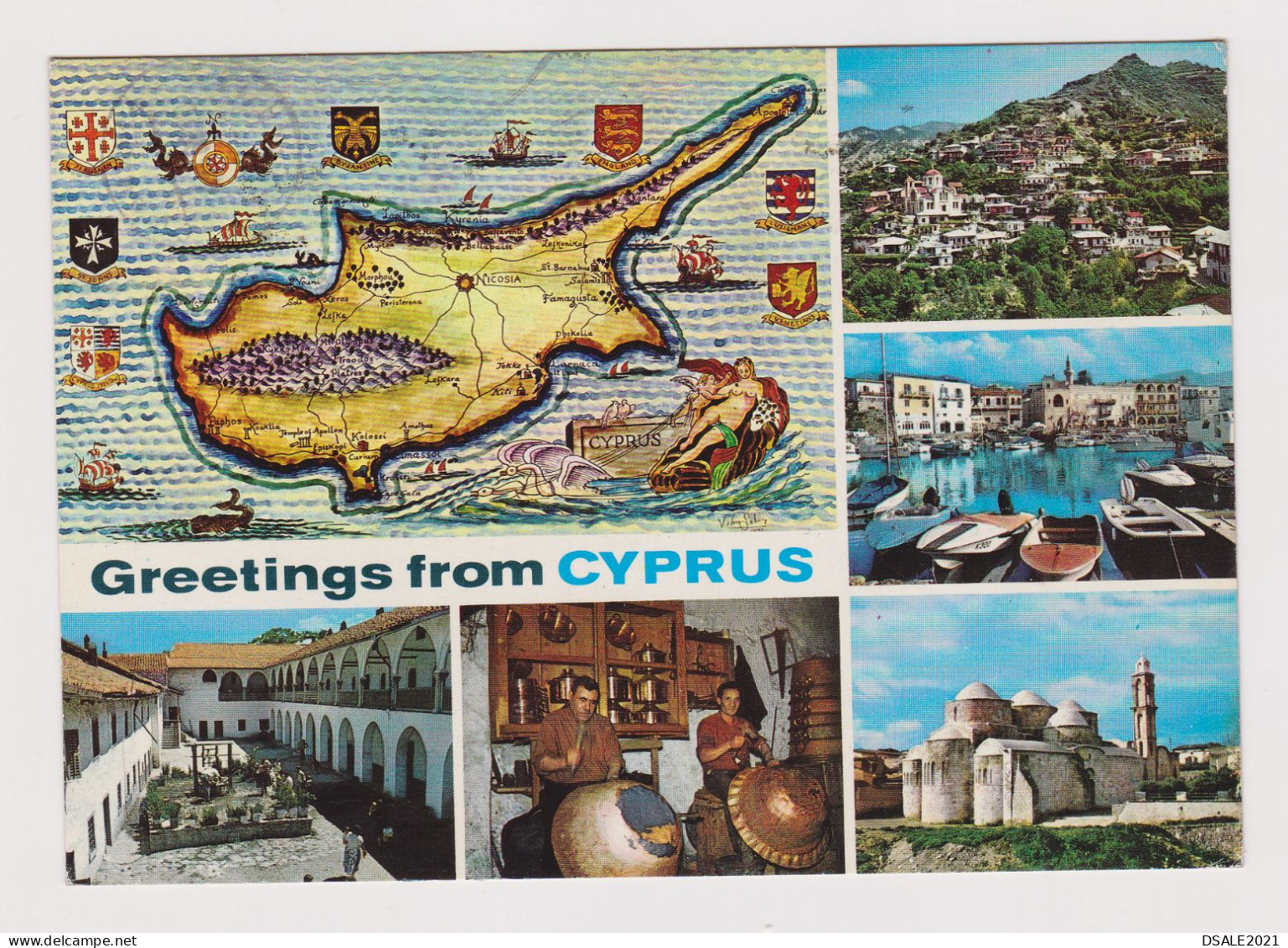 Greetings From Cyprus Multiple Views Map, Church, Harbour, Buildings, 1980s Photo Postcard W/Topic Stamps Abroad /67293 - Chypre