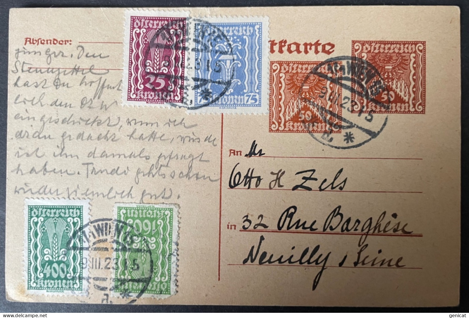 Autriche Entier Postal 1923 Avec Complément Pour La France - Cartes Postales