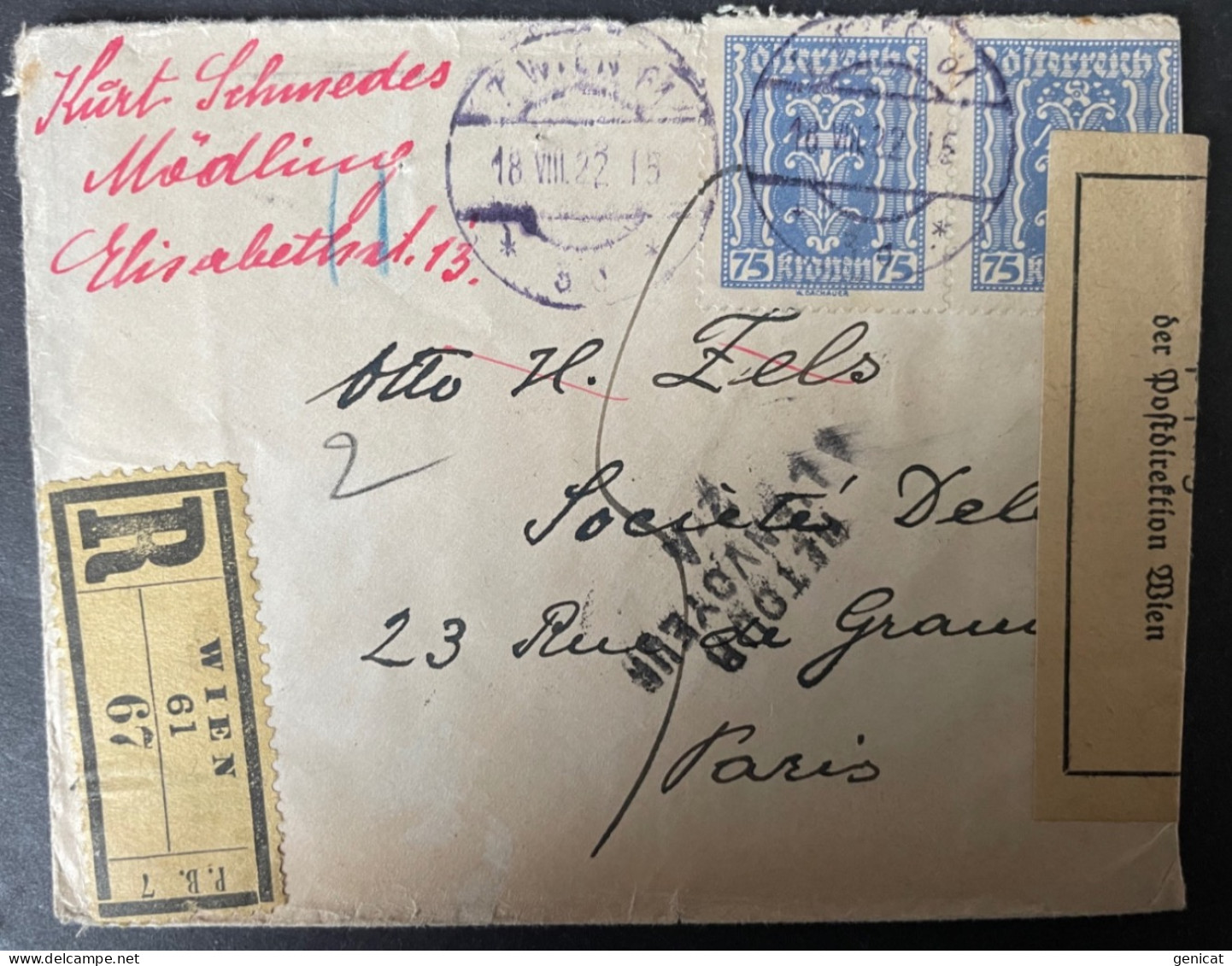 Autriche Lettre Recommandé 1922 Avec Bande De Contrôle Et Retour Envoyeur - Cartes Postales