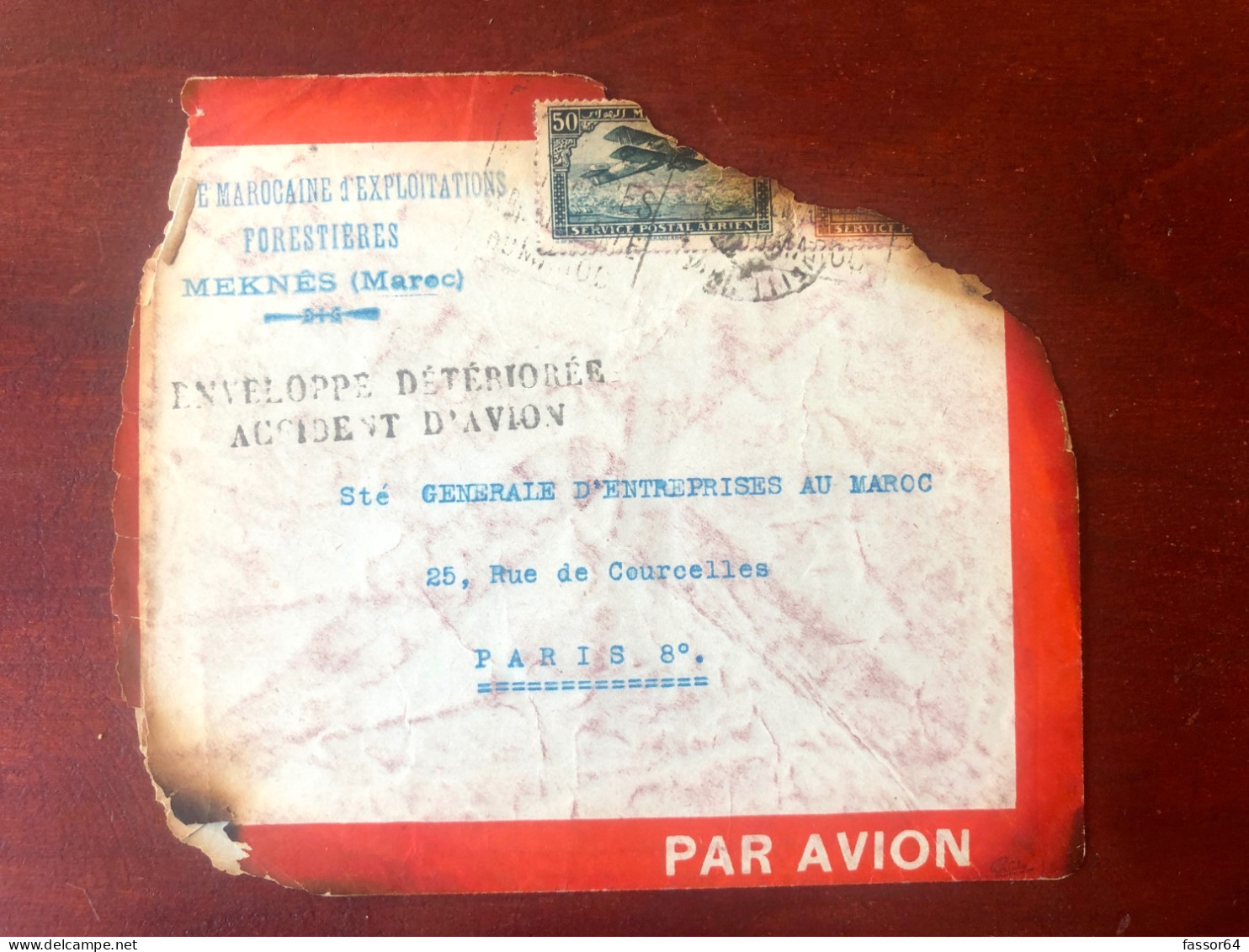 Maroc Poste Aérienne Courrier Dégradé Accident D'avion Unique Cote +++ - Luftpost