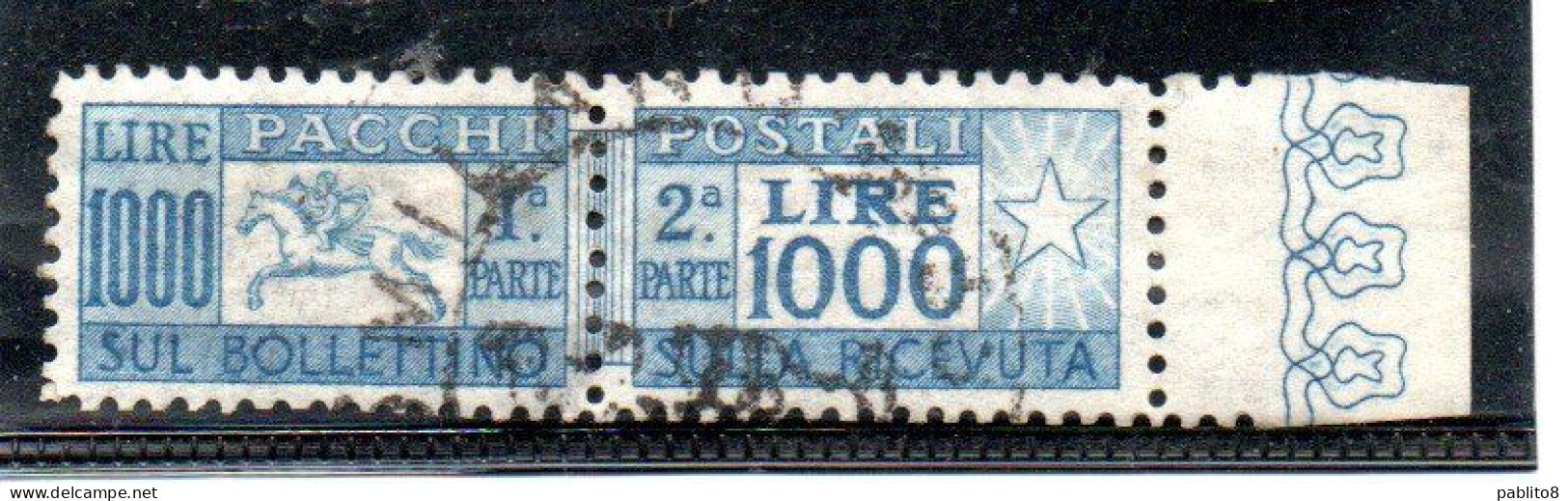 ITALIA REPUBBLICA ITALY REPUBLIC 1954 CAVALLINO PACCHI LIRE 1000 RUOTA WHEEL OTTIMA CENTRATURA BORDO USATO CERTIFICATO - Postal Parcels