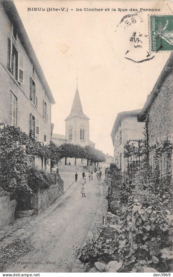 NIEUL (Haute-Vienne) - Le Clocher Et La Rue Des Perrons - Voyagé 1908 (2 Scans) Alphonsine Faure, Rue Du Collège Limoges - Nieul