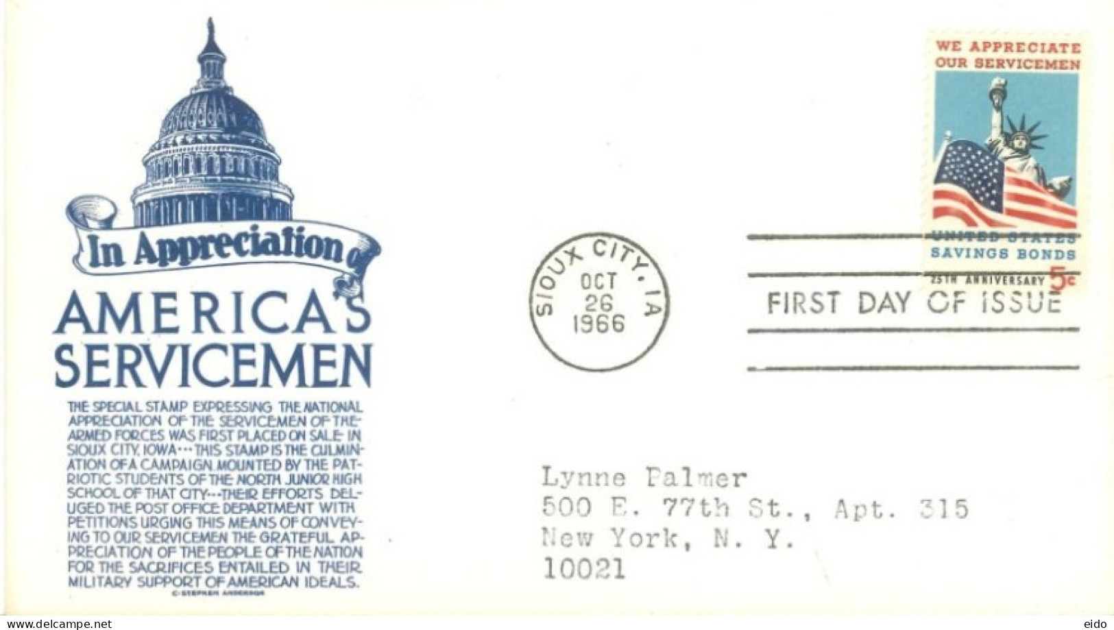 U.S.A.. -1966 -  FDC STAMP IN APPRECIATION OF AMERICA'S SERVICEMEN SENT TO NEW YORK. - Covers & Documents