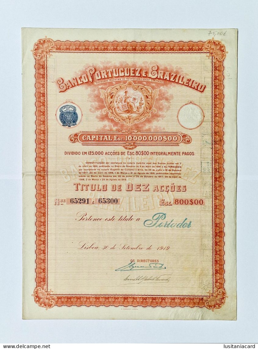 PORTUGAL - LISBOA - Banco Portuguez E Brazileiro. Titulo De Dez Acções Nºs. 65291 A 65300 - 30SET1919 - Banque & Assurance