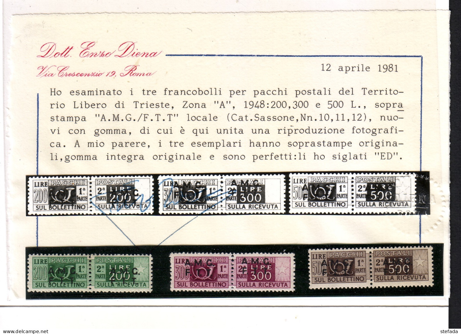 TRIESTE A  1947-48 SOPRAST:SU DUE RIGHE Pacchi Postali 12 Valori Con CERTIFICATO ENZO DIENA MNH** - Pacchi Postali/in Concessione