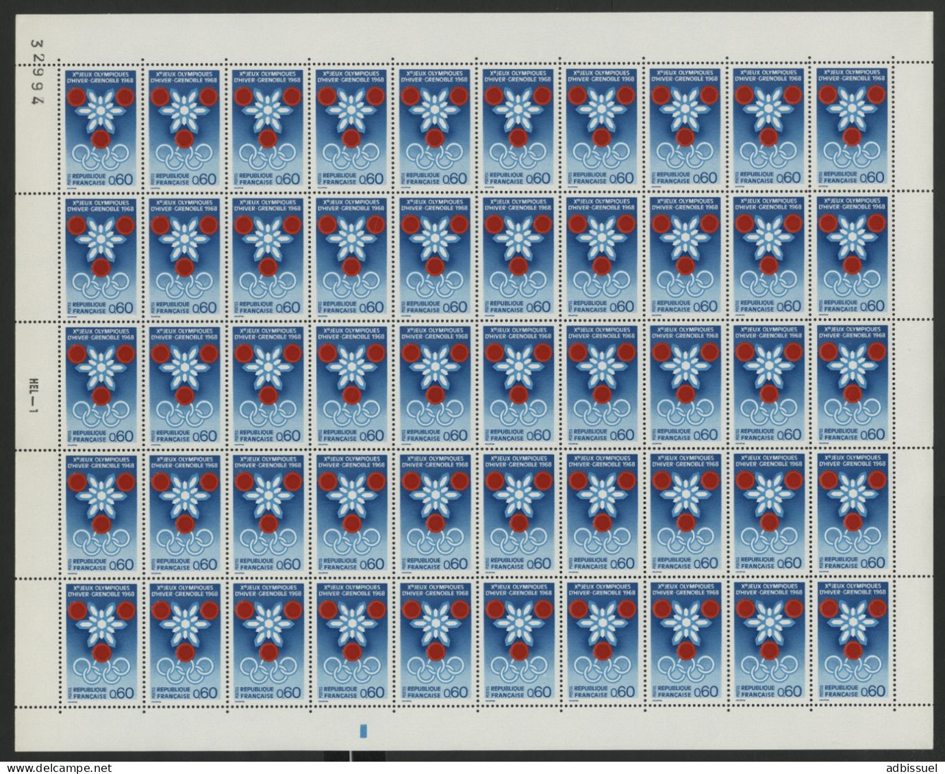 N° 1520 60 Ct J. O. HIVER GRENOBLE 1968 Feuille Complète De 50 Ex. Neufs ** (MNH) Cote 30 € - Full Sheets