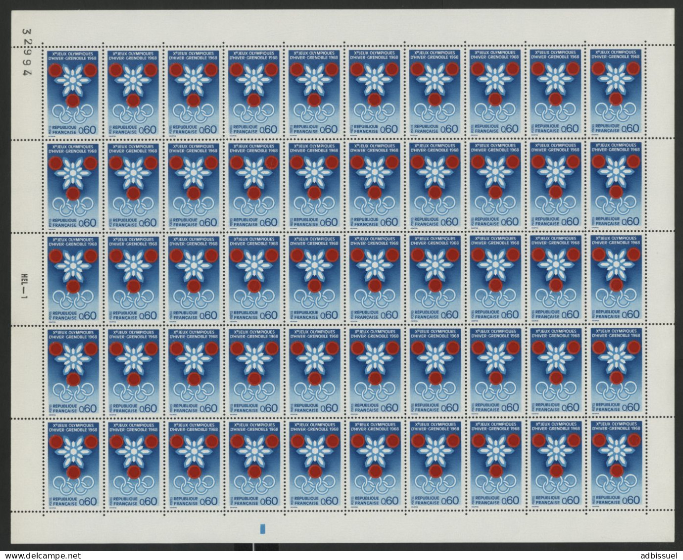 N° 1520 60 Ct J. O. HIVER GRENOBLE 1968 Feuille Complète De 50 Ex. Neufs ** (MNH) Cote 30 € - Volledige Vellen